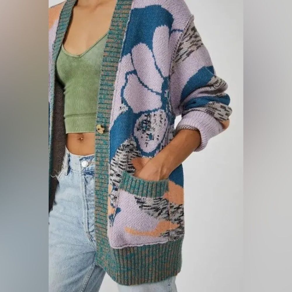 NWT Free People August Cardi Cardigan in Lavender Orchid Teal Combo. Size Small - Picture 3 of 11